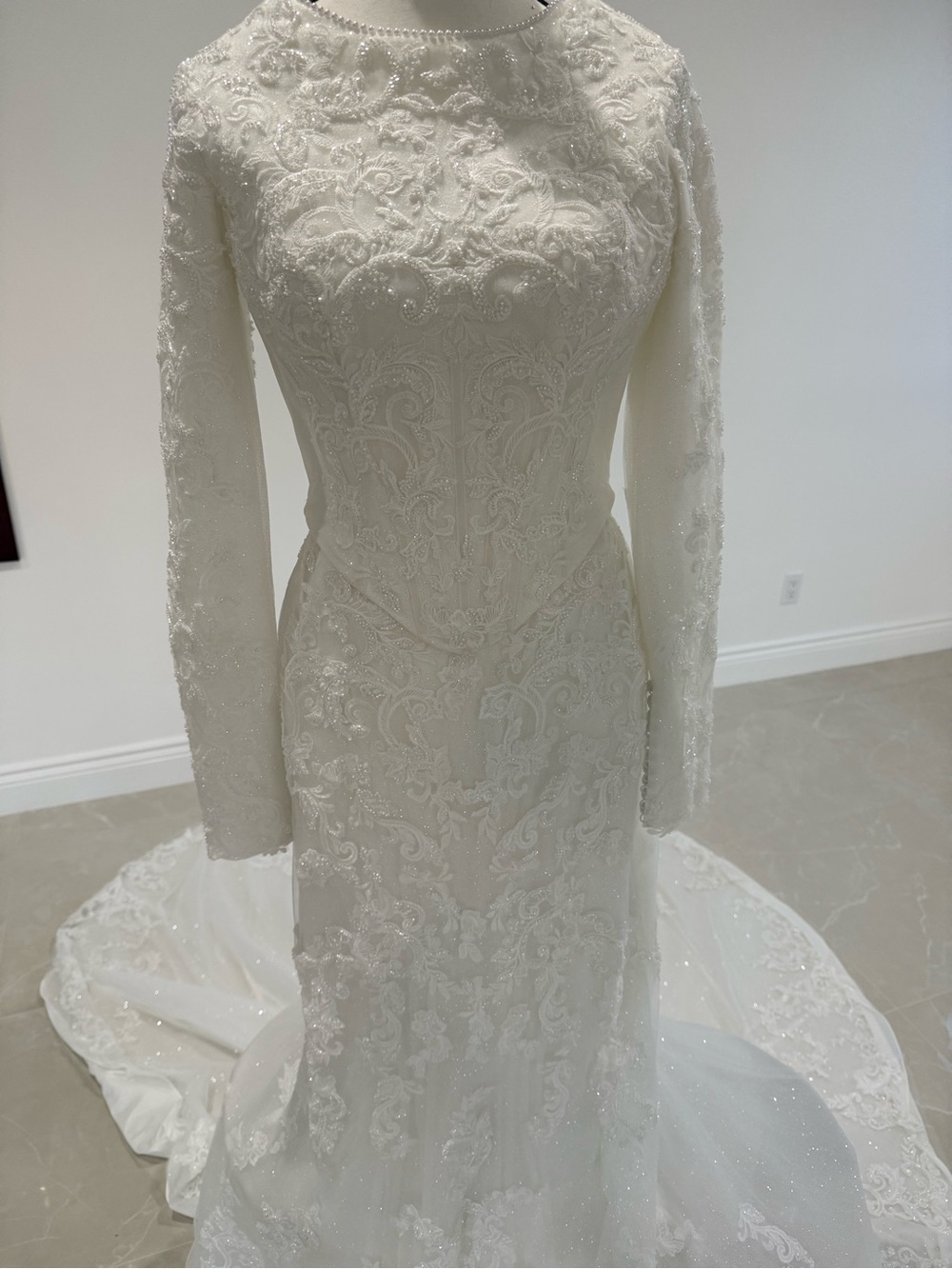 Martina Liana Ivory Beaded Long-Sleeve Lace Wedding Gown